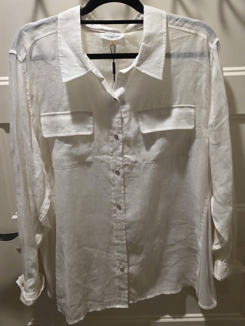 Calvin Klein Linen Button‑Front Shirt – White – 2X – NWT